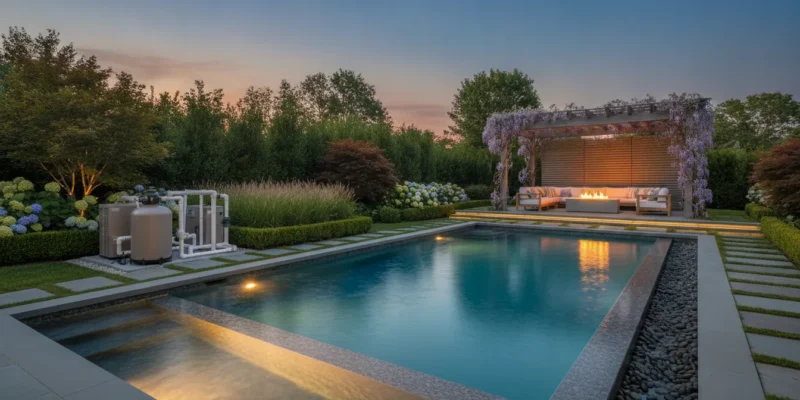 Lit Long Island backyard swimming pool with organized automation equipment