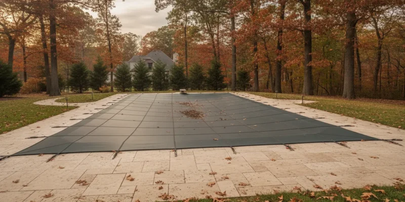 Dark mesh safety cover over a Long Island backyard swimming pool in autumn