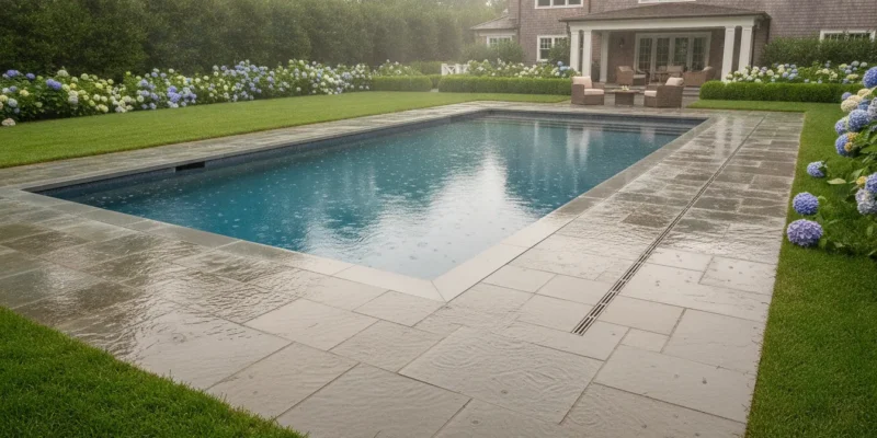 Long Island swimming pool deck with discreet drainage after rain