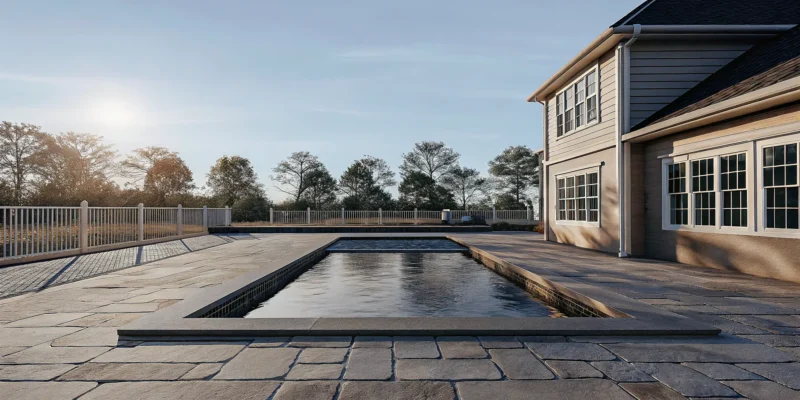 Natural travertine paver pool deck with bluestone coping edge beside a residential Long Island swimming pool