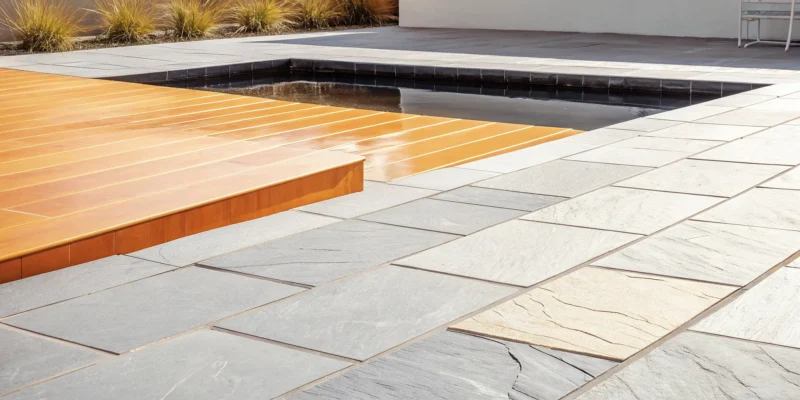 Natural stone pool deck pavers surrounding a residential inground swimming pool