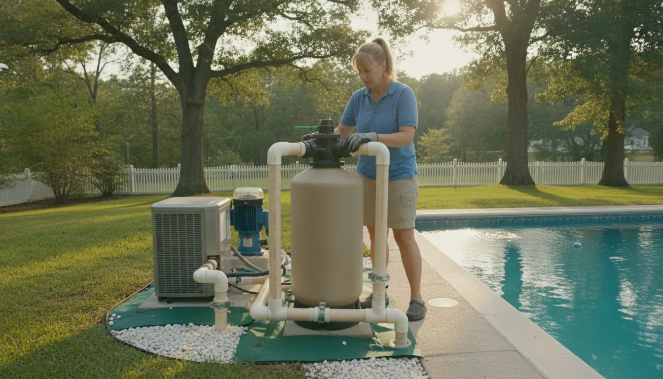 Pool pump filter and heater equipment inspected in spring