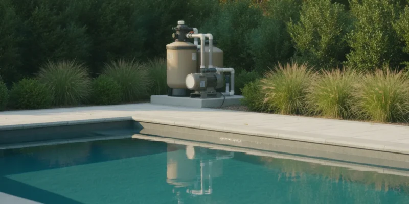 Inground pool equipment system beside a Long Island swimming pool