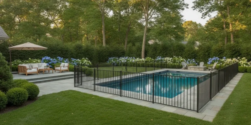 Pool fence beside a paver deck in a Long Island backyard