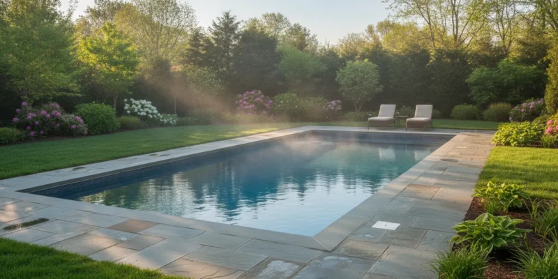 Warm residential Long Island swimming pool on a cool evening