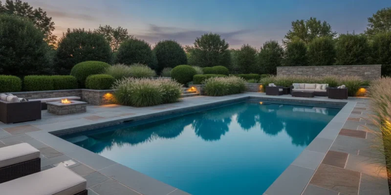 A landscaped backyard pool framed by natural stone pavers, ornamental grasses, boxwood hedges, and warm landscape lighting at dusk