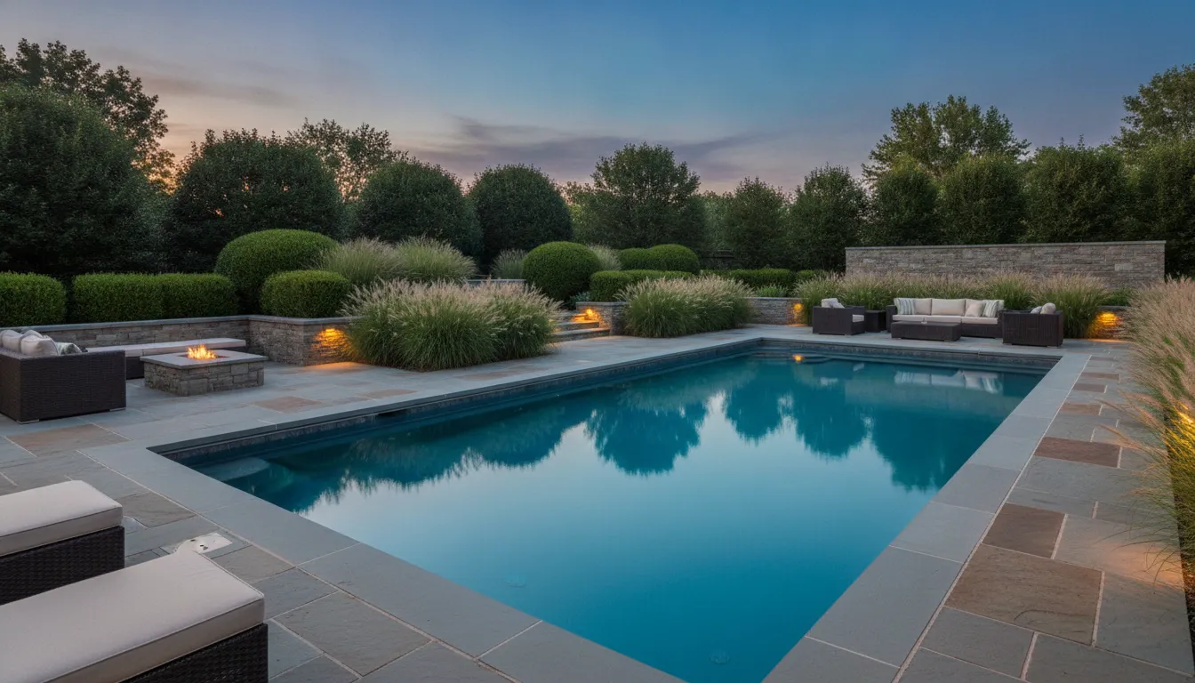 Warm low-voltage landscape lighting along a Long Island patio walkway