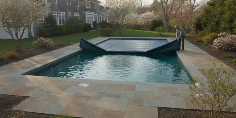 Spring pool opening on a Long Island property