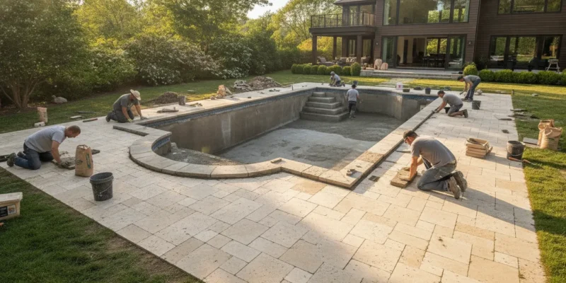 Contractors renovating an existing in-ground swimming pool with new gunite finish, coping and travertine deck