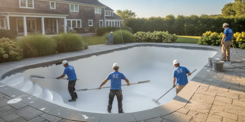 Crew resurfacing the interior of an in-ground swimming pool on a Long Island backyard