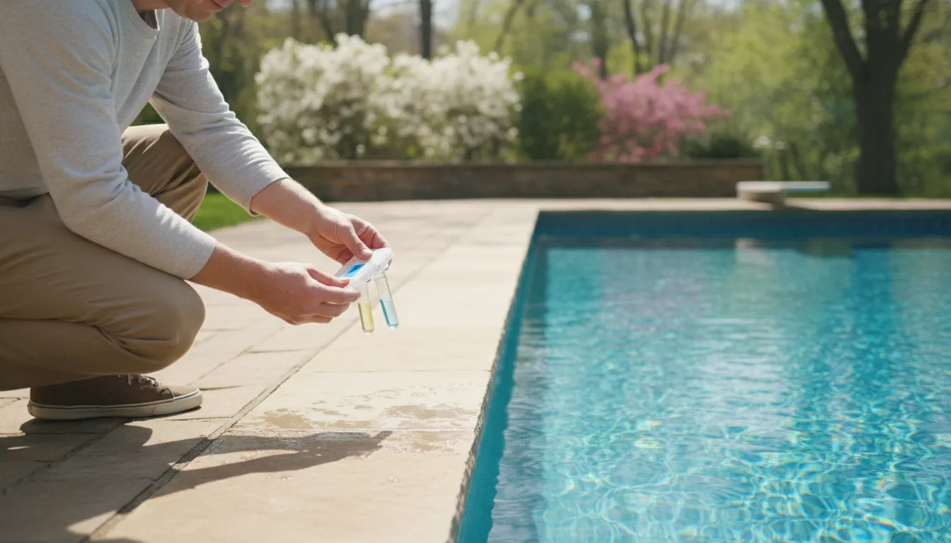 Homeowner testing swimming pool water in spring