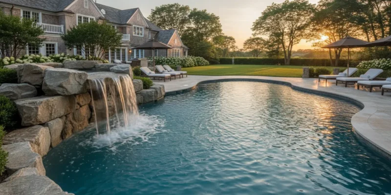 Luxury Long Island backyard swimming pool with a natural stone rock waterfall cascading into the water