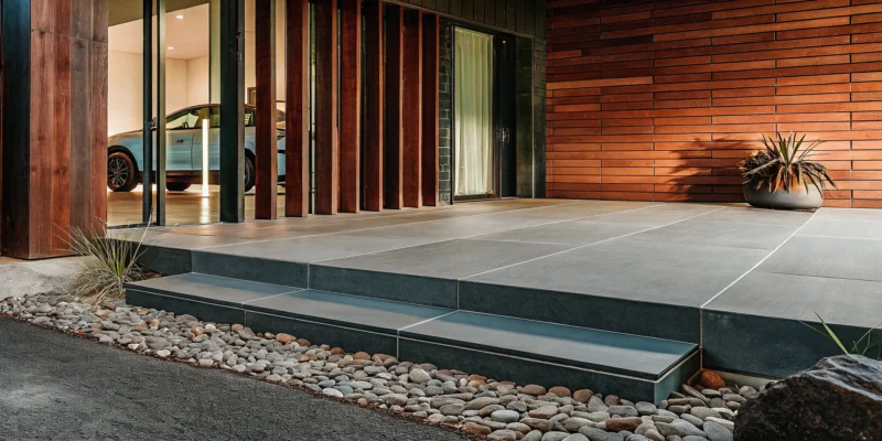 A modern porcelain paver driveway with large, non-slip tiles and clean entry steps.