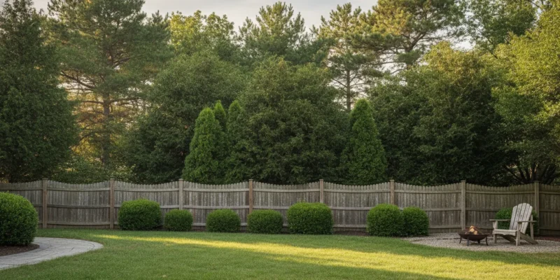 Long Island backyard with layered plantings and a privacy fence