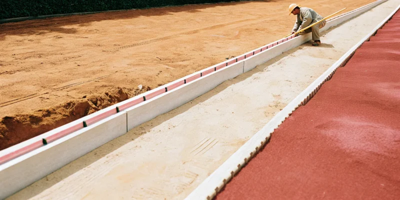 Retaining wall construction showing a worker laying the concrete block foundation.