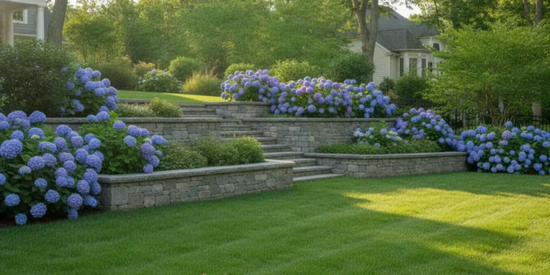 Natural bluestone retaining wall with tiered landscaping in a Long Island backyard