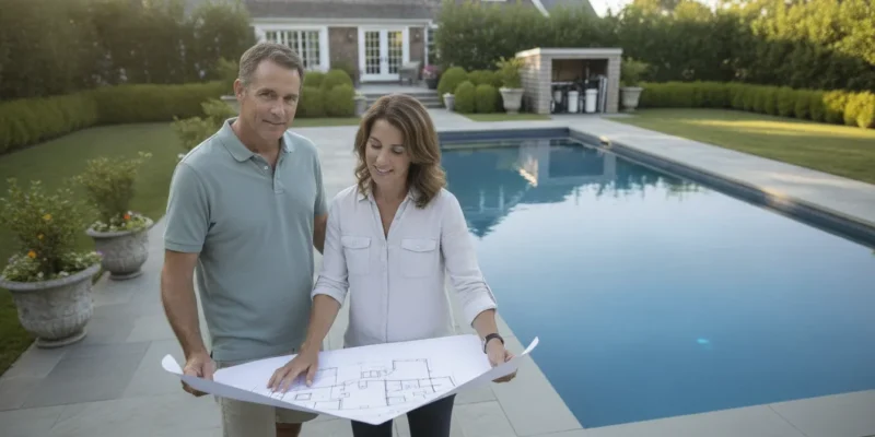 Long Island backyard swimming pool planned with integrated water treatment equipment