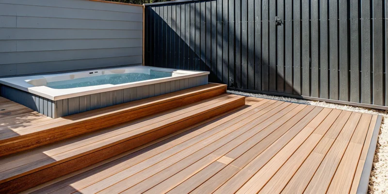Small swim spa installation idea with modern decking in a tiny backyard.
