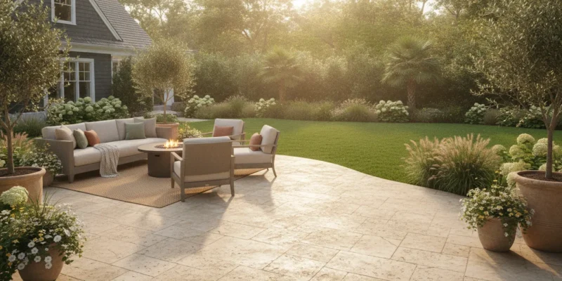 Stamped concrete patio with pavers in an upscale Long Island backyard