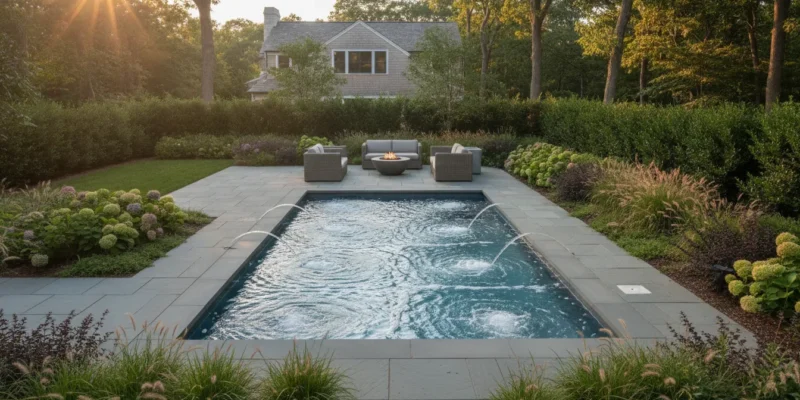 Modern swim spa in a landscaped Long Island backyard