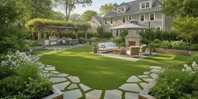 Backyard lawn-grade synthetic turf bordered by natural stone pavers and raised planting beds