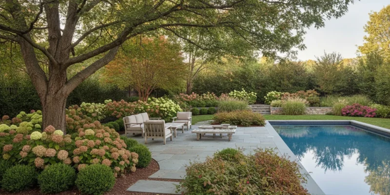 Tree and shrub planting framing a Long Island patio and pool