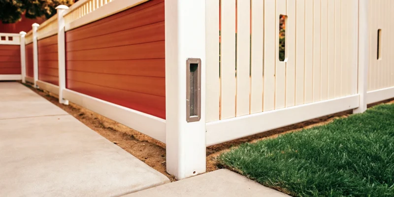 A metal stiffener reinforces a vinyl fence post for support and durability.