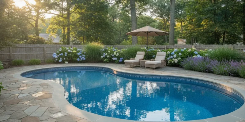 A realistic crystal-clear inground vinyl liner pool with a natural stone patio in a landscaped Long Island backyard
