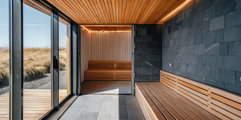 Modern sauna showroom on Long Island displaying models with wood benches and glass doors.