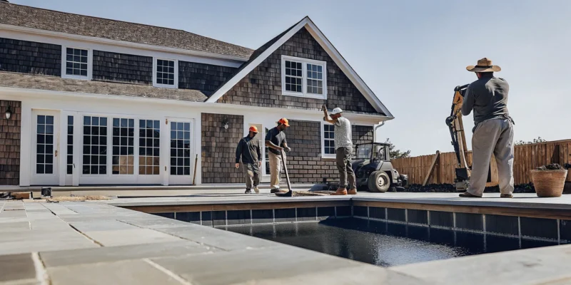 Contractors installing an inground pool at a Suffolk County home.