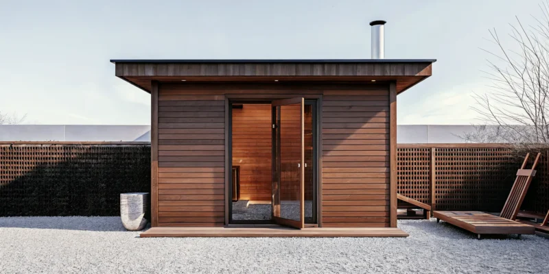 Outdoor wood burning sauna in a Long Island backyard.