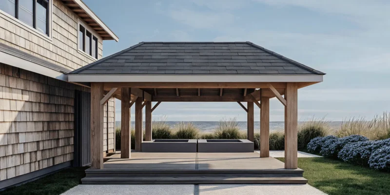 Gabled wood pavilion for coastal outdoor living, built by a Long Island builder.