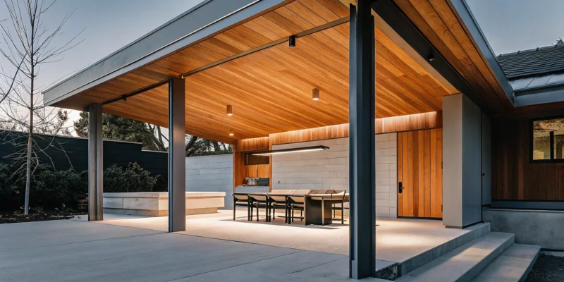 Modern wood pavilion with an outdoor dining area, built by a Long Island builder.