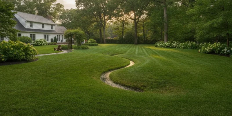 Long Island backyard with a drainage swale guiding water away from a home