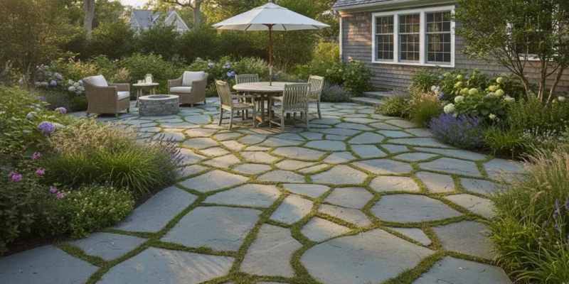Natural bluestone flagstone patio on a Long Island backyard with grass joints