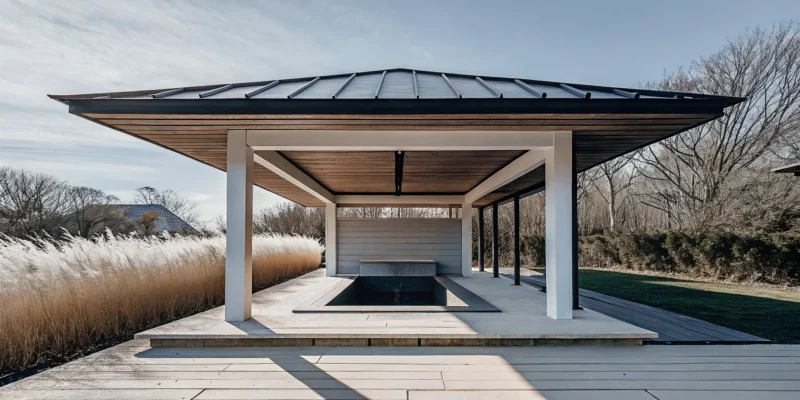A modern custom gazebo built for a backyard on Long Island.