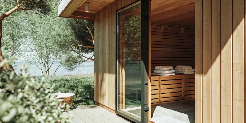 Modern outdoor cabin sauna with a glass door in a lush Long Island backyard.