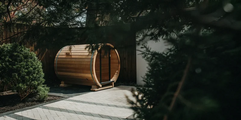 Barrel sauna installation on a patio in a Long Island backyard.