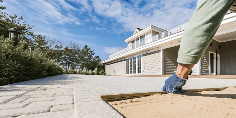 Masonry contractor in Long Island, NY, installing stone pavers on a driveway.