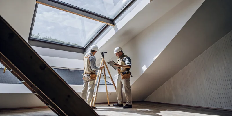 Two skylight installation contractors working with blueprints in an attic.