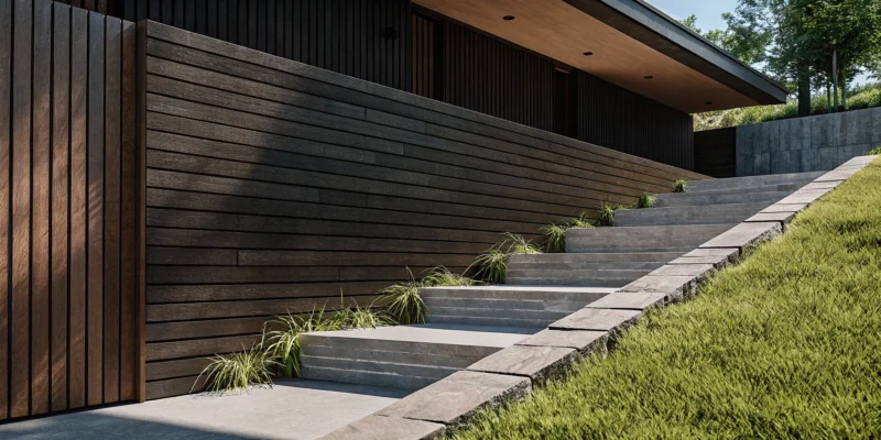 Modern concrete retaining wall on a slope with steps and landscaping.