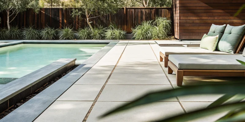 A modern Long Island patio with low-maintenance pavers surrounding a backyard swimming pool.