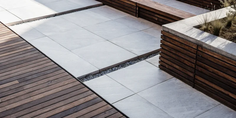 Durable stone patio materials used for a modern Long Island home with large pavers.