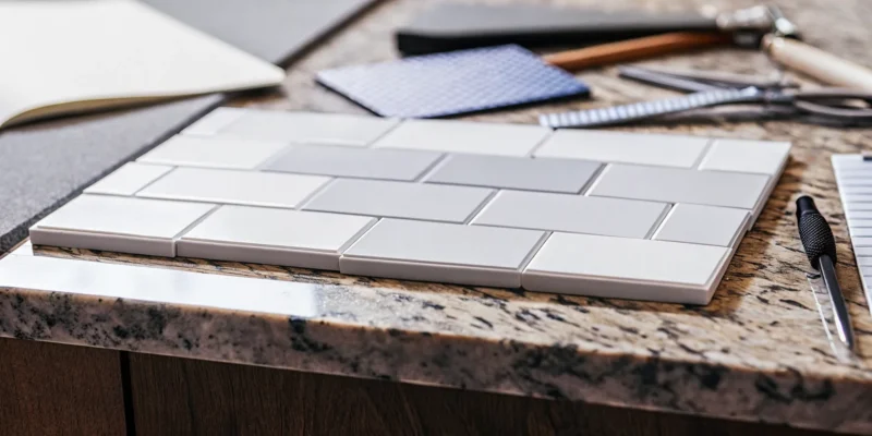 White subway tile samples and tools for a Long Island tile installation contractor.
