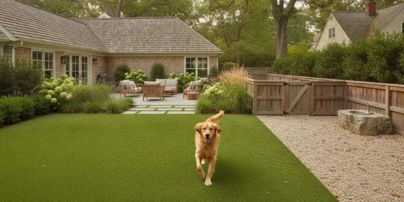 Dog enjoying a landscaped artificial turf run in a Long Island backyard