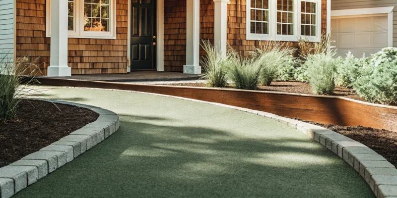Artificial grass lawn and walkway in the front yard of a Nassau County home.