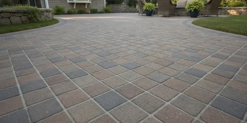 Long Island paver driveway with clean joints and landscaped edges