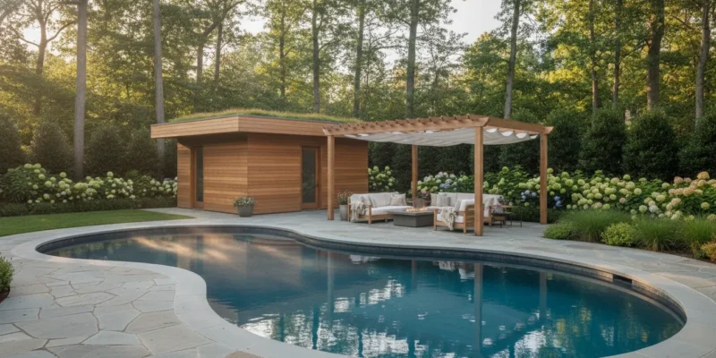 Long Island pool house beside a swimming pool and stone terrace