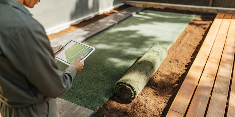 An installer lays low maintenance synthetic turf at a Long Island home.