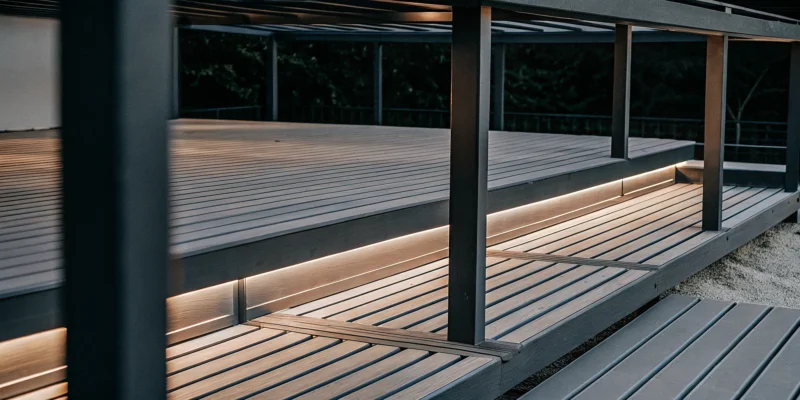 Modern pergola design and installation featuring sleek decking and integrated lighting.